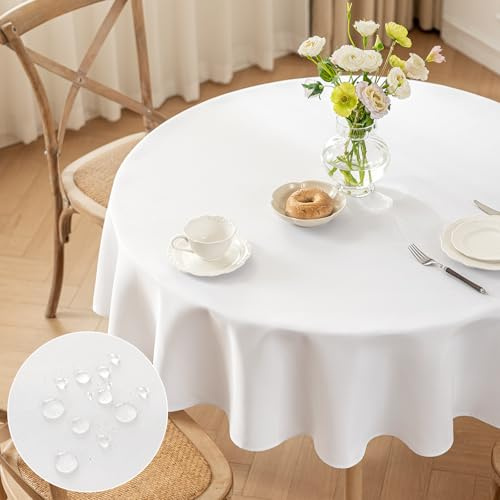 Moonooda Tischdecke Rund Weiß, Φ140cm Tischdecken Waschbar Tischtuch aus Polyester, Leicht wasserabweisend mit Lotuseffekt, Dauerhaft Kratzfest für Haus, Hochzeiten, Party