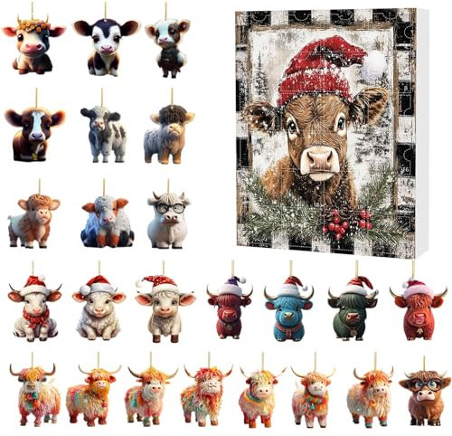 Weihnachtsbaum Hochlandrinder Anhänger, 2D Acryl Hochlandkuh Adventskalender 2024 24-Tage Weihnachts Countdown Kalender Für Katzenliebhaber, 2D Acryl Hochlandrinder Hängeanhänger, Weihnachtsbaumschmuc