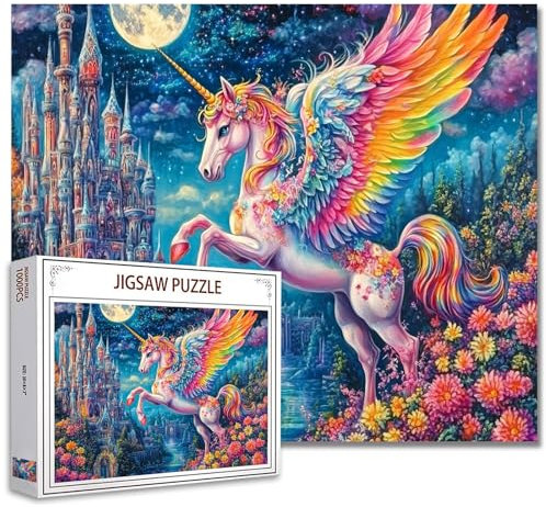 1000 Teile Puzzles für Erwachsene Wonderland Castle Unicorn Jigsaw Puzzles Pony mit riesigen Regenbogenflügeln Puzzle herausfordernde Familienaktivität perfekt für Spieleabende Fantasy Puzzle Wall Art