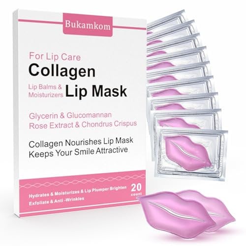 Bukamkom Collagen Lip Masks Bulk,Lip Mask Sheet Lip Care to Reduce Dark Lips and Lip Lines to Remove Dead Skin Moisture,Bulk Lip Masks Individually Wrapped (20)