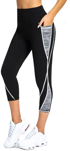 Flatik Pantalon de sport 3/4 pour femme - Opaque - Legging de sport 3/4 - Pantalon de fitness - Legging de course, Gris et blanc., M