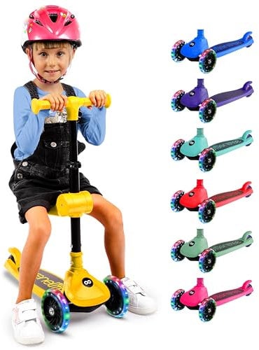 SereneLife Scooter, Roller Kinder 3 Jahre, Tretroller Faltbar als Dreirad Kickboard Höhenverstellbar mit LED-Rädern für Jungen & Mädchen, Indoor & Outdoor, Kickscooter Breit, Leicht & Stabil, Klappbar