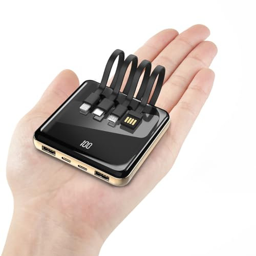 Power Bank with Built in Cables, 10000mAh Slim Portable Charger LED Display, Small External Battery Pack with 4 Inputs and 5 Outputs Phone Charger for iPhone Samsung Huawei iPad etc (black)