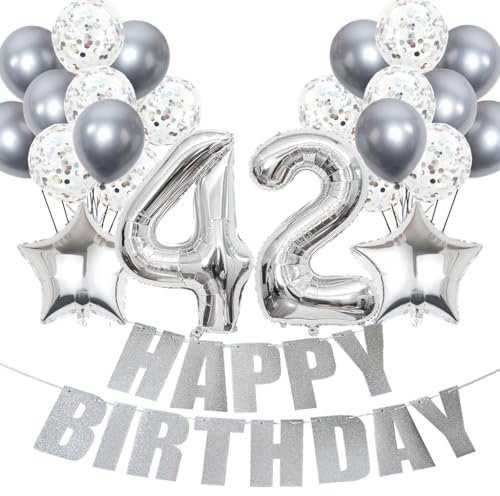 Conruich Luftballons 42. Geburtstag Dekoration, Silber Ballons Happy 42th Birthday DekoDeko 42 Jahre Frau, Folienballon Zahl 42 Silber, Deko 42. Geburtstag Frau, Geburtstagsdeko 42 Jahre Frauen Männer