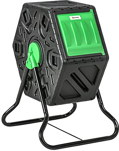 Outsunny Compostador Giratorio de 65L Contenedor de Compostaje de Jardín de Doble Cámara Compostadora con Aberturas de Ventilación y Patas de Acero 60x49x77 cm Negro
