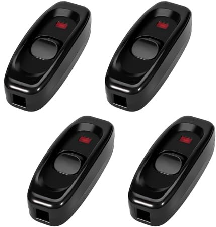 Pack de 4 Interruptores Negro, Interruptor lampara Mesilla de Cable en Línea 250V 10A, Interruptores Torpedo con LED Indicador, Interruptor On Off para Lámparas de Mesa y Escritorio
