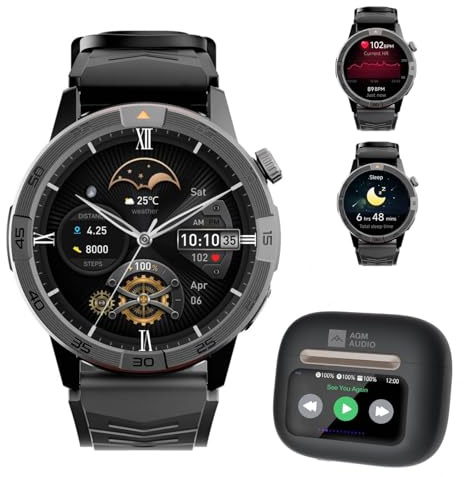 AGM Legion Pro mit Kopfhörer,Militär Uhr Herren mit GPS und Offline-Karten, 1,43 AMOLED, 5ATM Wasserdicht Robuste Outdoor Sportuhr, Fitnessuhr mit Anruffunktion für Android iOS, 2 Armbändera
