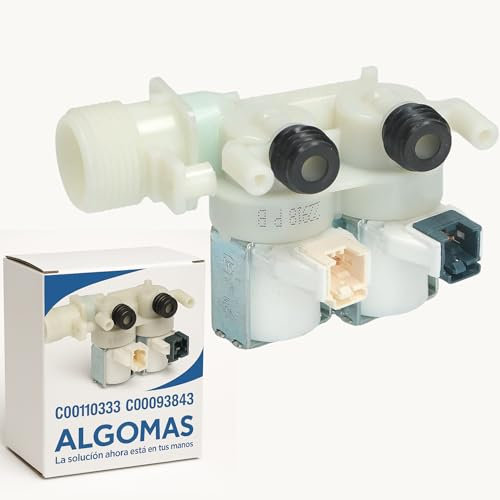 ALGOMAS® Elettrovalvola Lavatrice 2 vie 180° | Codici C00110333 e C00093843 | Compatibile con Indesit, Ariston, Hotpoint, Whirlpool | Ingresso 3/4 | Uscite Ø14 mm | 220-240 V 50/60 Hz