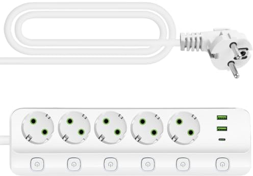 6 Fach Steckerleiste: Steckdosenleiste mit 4 USB Ladeanschlüsse + 1 TYPE-C, Verteilersteckdose Wandmontage, Steckerleiste mit Schalter, 6 Fach Power Strip mit 2M Kabel für Büro, Hause