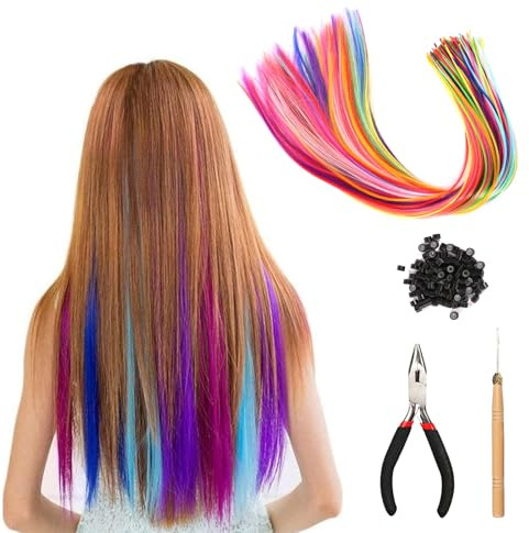 100 Piece Extension de Cheveux Kit Extension de Cheveux Colorés Meche Colorée pour Cheveux avec 100 Perles 1 Clip 1 Crochet Mèche Cheveux pour Party Festival Cosplay