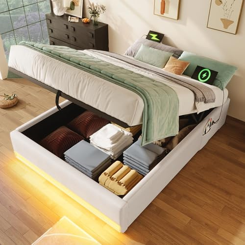 RIAZOS Polsterbett 90x200 cm, Plattformbett mit LED, Hydraulik Stauraumbett | Einzelbett Jugendbett Erwachsenenbett, Bettgestell ohne Kopfteil, Leinen, Beige, ohne Matratze