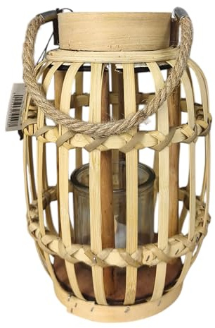 Laterne aus Holz + Bambus, Höhe 25cm, Windlicht aus Glas Boho Korbgeflecht Natur