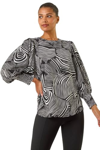 Roman Originals Metallic Abstract Printed Top for Women UK - Ladies Everyday Autumn Winter Round Neckline Comfy Soft Evening Vacation Work Party Night Out - Black - Size 20