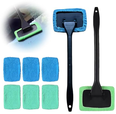 2 Pack Car Window Cleaner Tool Kit 180° Swivel Head Long Reach Windscreen Cleaner Brush with 6 Washable Microfiber Pads, Inside Car Cleaning Tool for Fog Moisture Removal Car and Home Use (Green+Blue)