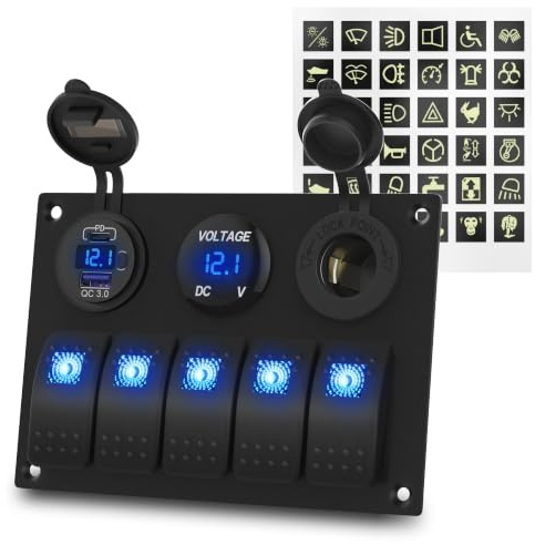 Joinfworld 5 Gang Pannello Interruttori barca Impermeabile 12V/24V,Interruttore a Levetta con 4.8A Doppio USB, LED Voltmetro,Precablato,Presa Accendisigari per Auto Barca Camion Camper
