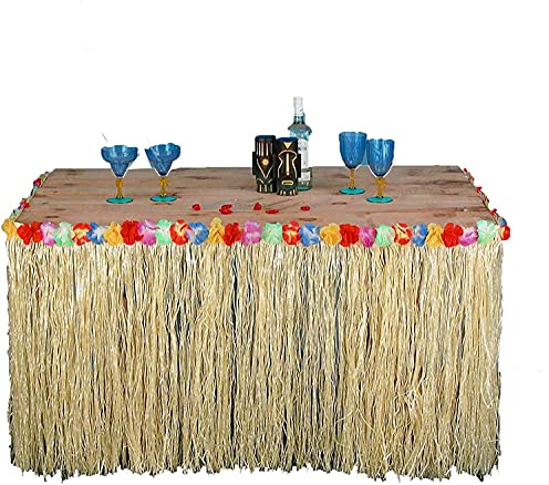 Quickdraw Tropical Hawaiian Luau Table Grass Skirt with Flowers BBQ Party Decorations L100cm x D60cm