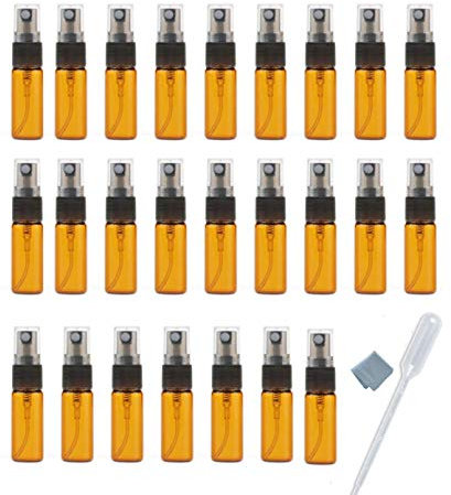 Elfenstall- 20pcs Amber 5ml 1/6oz Atomizer Vial Glass Bottle Spray Refillable Perfume Empty Fine Mist Sample Bottle Clean Cloth Free 3ML Pipette for Travel Party…