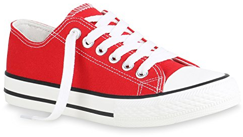 stiefelparadies Damen Sneaker Low Basic Turnschuhe Freizeit Schnürer Stoff Schuhe 156274 Rot Brooklyn 38 Flandell