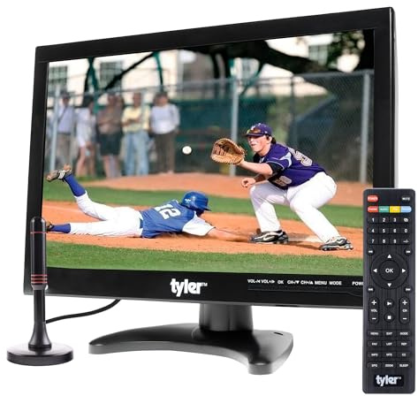 Tyler 14” Portable TV LCD Monitor 1080P Rechargeable Lithium Battery Operated, 2 Antenna, HDMI, USB, RCA, FM Radio, Digital Tuner, AV Inputs, AC/DC, TV Stand and Remote Control for Car Travel