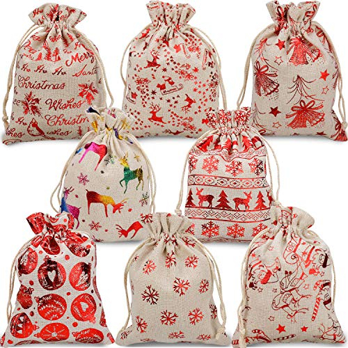 Qpout 16 Weihnachten Geschenkbeutel mit Kordelzug, 8 Verschiedene Weihnachten Sackleinen Geschenk Säckchen Süßigkeitensäckchen 5.1x7.1 Zoll Wiederverwendbare Weihnachts Geschenktüten Für Party Dekor