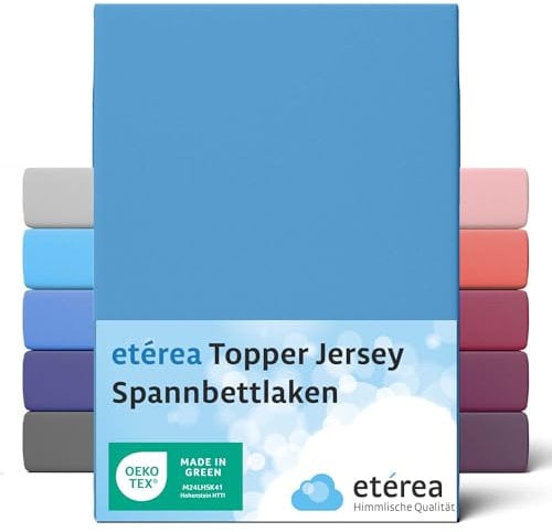etérea Jersey Topper Spannbettlaken 200x200-200x220cm Hellblau für 5-10 cm Steghöhe 100% Baumwolle - Oekotex Spannbetttuch Matratzen Bett Bezug - Bettlaken 200x200cm - 200x220cm Blau