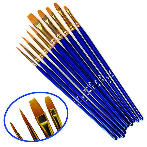 Synthetic Orange Sable Artists Paint Brush Selection Set of 10 - Flat, Round and Filbert in Assorted Sizes for Watercolour and Acrylic - by Essential Arts
