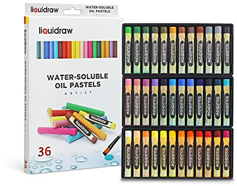 Liquidraw Soft Oil Pastels - 36 Pack | Professional Quality Watercolour | Water Soluble & Ideal for Drawing Colouring & Blending | Perfect for Artists, Students & Kids | Easy to Store in Segmented Box