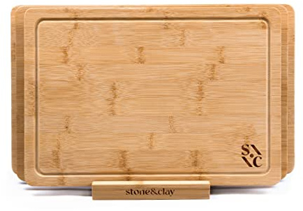 Stone & Clay Bamboo Wood Cutting Boards - Set of 3 (Small, Medium, and Large) Chopping Boards with Stand - Perfect for Cheese, Vegetables, Fruit, and Meats - Includes Juice Groove for Easy Cleanup