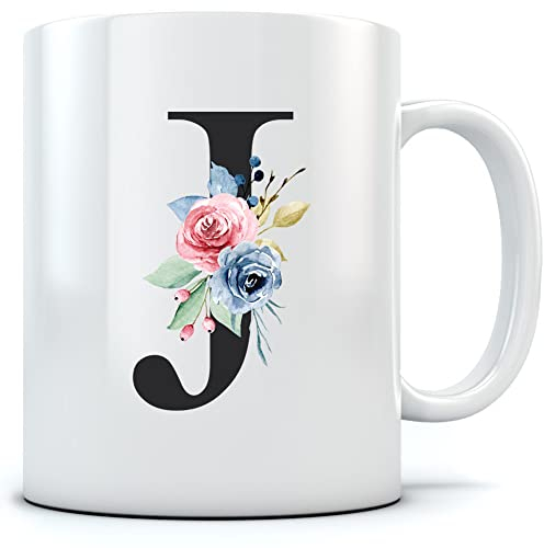 HotScamp Letter J Floral Initial Flowers Watercolour Monogrammed Mug for Tea and Coffee - Florals Pretty Vintage Wedding Monogram Work School WFH Home Office Girl Boss Mum One Size Natural
