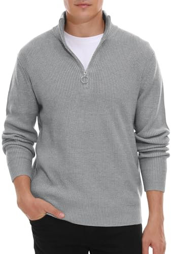 Hisir Men's Jumpers 1/4 Zip Tops Winter Warm Knit Polo Neck Jumper Long Sleeve Soft Cozy Turtle Neck Quarter Zip Knitwear Pullover Sweaters for Men (09 Grey, S)