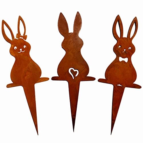 Rostikal Gartenstecker Hase 3er Set – Wetterfeste Cortenstahl Deko für Garten, Balkon oder Wohnzimmer – Frühlingsdekoration zu Ostern – Hochwertige Metallfiguren für Innen und Außen