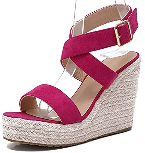 Lroey Reoly Damen Espadrille mit Absatz, Sandalen Offene Zeh Elegant Keilabsatz Abendschuhe mit Plateau Schnalle Criss Cross Strap 203 Rose-Rot Gr 35 EU