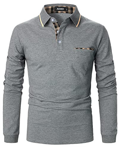 AIOIDI Baumwolle Herren Plaid Poloshirt Langarm Basic Tennis Polohemd Polo A-Grau XXL