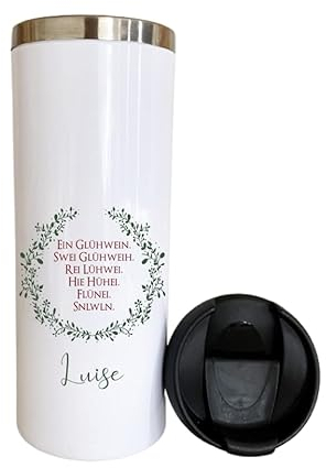 Manufaktur Liebevoll Thermobecher Glühwein mit Namen und passendem Spruch “Ein Glühwein. Swei … “ | Glühweinbecher Thermo aus Edelstahl in Weiß