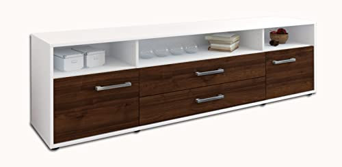 Lqliving TV-Board Lowboard Biancaneve, Korpus in Weiss matt, Front im Holz-Design Walnuss (180x49x35cm), mit Metall Griffen, Made in Germany