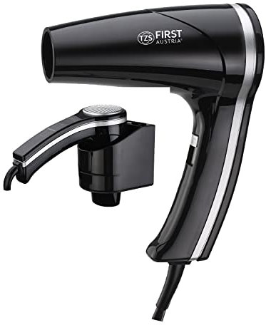 Sèche-cheveux TZS First Austria | Montage mural | Gain de place | 1200 W | 2 niveaux de chaleur | 1 vitesse | Câble spiralé de 2 m | Fonction air froid | Fusible thermique | Noir