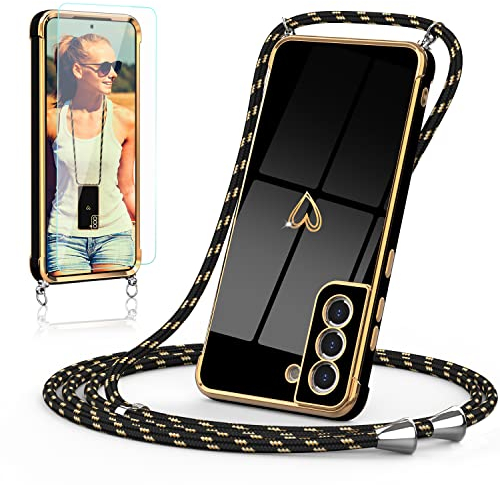 Togestar Handykette Hülle für Samsung Galaxy S22 Handyhülle mit Band und Schutzfolie, Kameraschutz Herz Love Design 360 Grad Stoßfeste Schutzhülle Silikon TPU mit Kordel zum Umhängen, Schwarz
