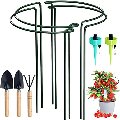 LINYAPRY 4Pcs Garden Plant Support Stakes, Large Half Round Flower Supports Bow Ring Cage with 3 Potting Tools and 2 Self Watering Spikes, Interlinking to Make Garden Border Rows or Circles - 30×50cm
