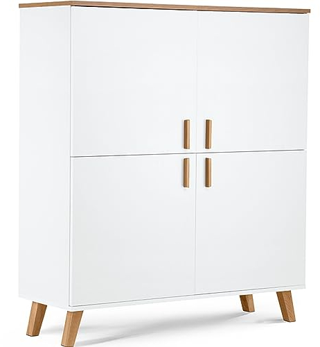 Konsimo Kommode Frisk 107x134x40 cm - Modern Kommode mit Türen - Kommodenschrank mit Griffe und Beine aus Holz - Wohnzimmerschrank für Schlafzimmer Esszimmer - Weiß