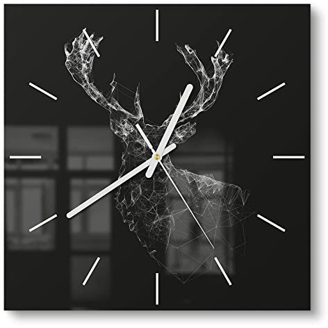 DEQORI Glasuhr | 30x30 cm | Motiv Digitalisierter Hirsch | ausgefallene leise Design Uhr aus Glas | Wanduhr für Wohnzimmer & Küche | Moderne Hingucker Uhr für die Wand