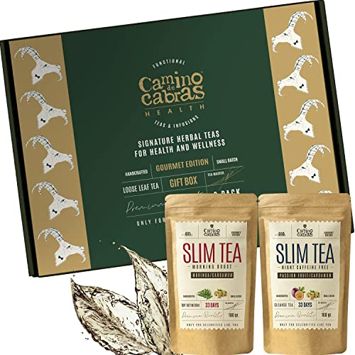 Camino de Cabras® Slim Tea Día & Noche – Caja Regalo Infusiones Gourmet | Té Detox Adelgazante Potente y Drenante | Te Verde, Mate, Moringa, Cardamomo, Maracuyá | Pack 2x100g