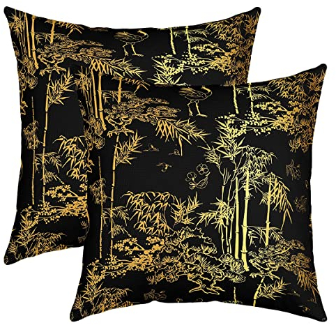 Luxus Schwarz Gold Kissenbezüge 55x55cm für Couch 2er Set Kissenbezüge Bambus Dekorative Sofakissen Couchkissen Kissenhütte Eastern Botanical Oriental Gift Gold Kissenbezug Nicht enthalten
