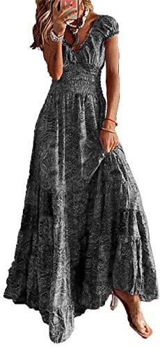 ABYOVRT Robe Maxi D'été pour Femme Bohème Robe de Vacances Col V à Fleur Manches Courtes Robe de Soiree Party Plage(Gris,S)