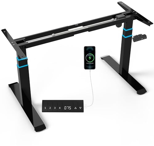 Flamaker Höhenverstellbarer Schreibtisch Gestell 74CM-133CM Tischgestell höhenverstellbar 3-stufige mit USB-Buchse, 4 Memory-Steuerung, Rollen, Häkchen(Schwarz)