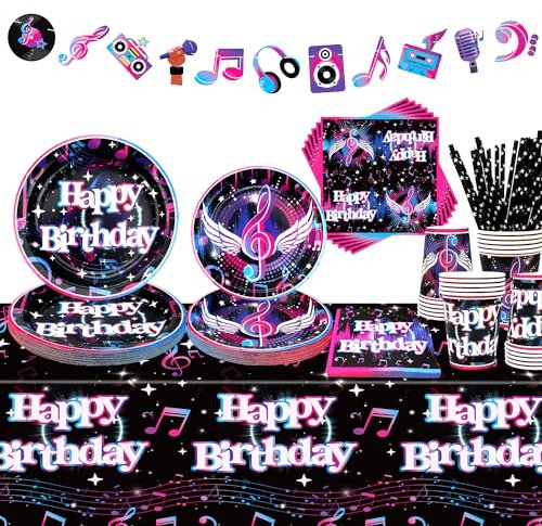 Ywediim Music Party Supplies, Includes Music Pattern Banner, Plates, Cups, Napkins, Tablecloth, for 80s 90s Disco Music Tuitar Theme Men Women Birthday Party Decoration