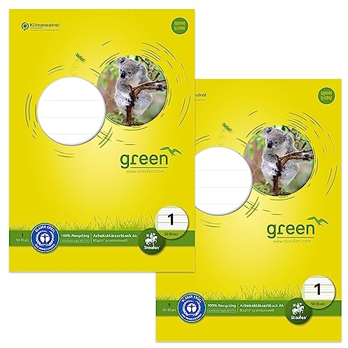 Staufen Green Arbeitsblätterblock - DIN A4, Lineatur 1 (5/5/5 mm liniert, farbig hinterlegte Lineatur), 2 Blöcke je 50 Blatt, 4-fach Lochung, 80 g/m² Recyclingpapier
