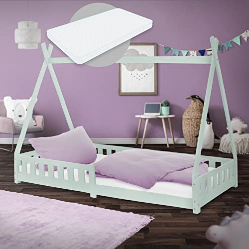 ML-Design Kinderbett Tipi 90x200 cm Mint mit Matratze H:16cm, Rausfallschutz & Lattenrost, Kiefernholz, Indianer Bett für Mädchen & Jungen, Hausbett mit Zaun, Bodenbett Jugendbett Spielbett Holzbett