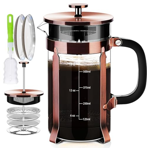 YMMIND French Press Coffee Maker 304 Stainless Steel Coffee Press,with 4 Filters System, Heat Resistant Thickness Borosilicate French Press Glass, BPA-Free Brewed Tea Pot Coffee Plunger(Copper 12oz)