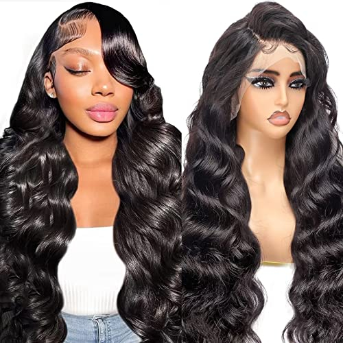 Beluck 13x6 24 Zoll Echthaar Perücke Damen Human Hair Wig HD Lace Front Wig Afro Perücke Echthaar Body Wave Glue Lace Wig Human Hair Brasilianisches Perücken Natural Color With Pre Plucked Baby Hair
