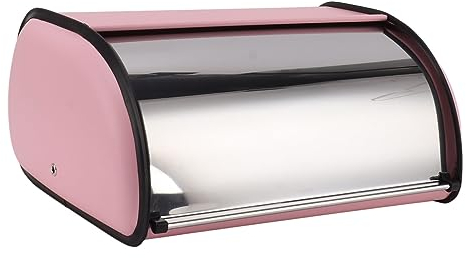 Bread Box for Kitchen Countertop, Pink Roll Top Bread Storage Container with Roll up Lid Metal Bread Bin Holder Stainless Steel Bread Keeper for Counter